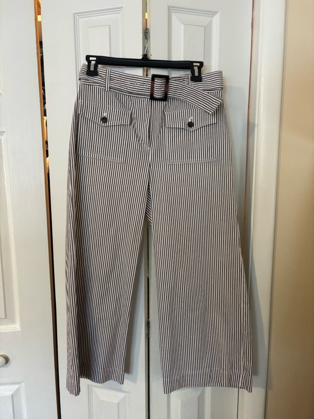 Striped Wide-Leg Belted Pants - Navy & White